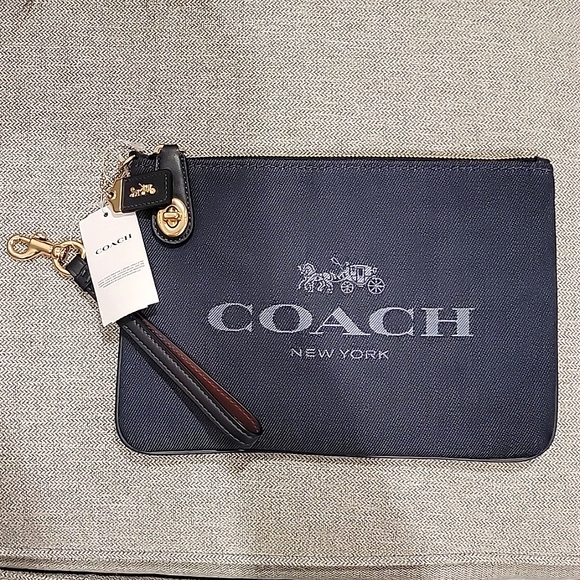 Coach Handbags - NWT COACH JAQUARD TURN LOCK POUCH DENIM WRISTLET